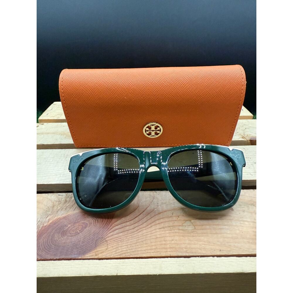 Tory Burch Tan Glasses Case with Green & Gold Sunglasses